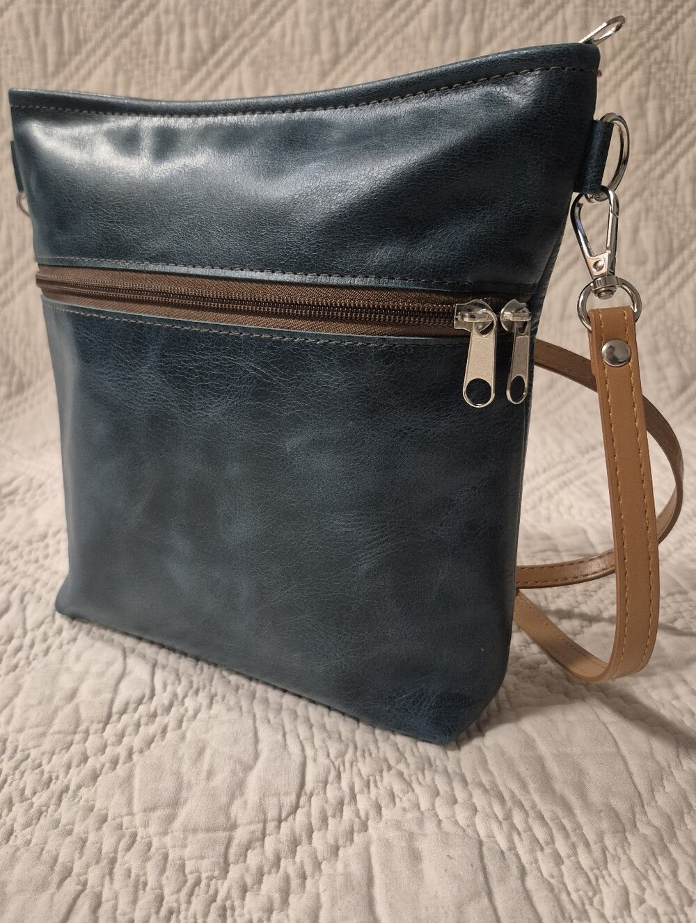 Genuine Leather Teal Blue Crossbody Bag Cognac Strap